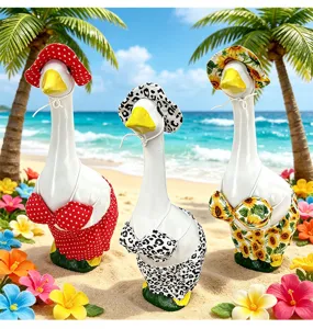 23 inch veranda gans standbeeld set, grappige zomer bikini eend figuur voor tuindecoratie.