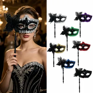 Máscara de Mano Mariposa Lentejuelas Baile de Máscaras Máscara Princesa Veneciana Media Cara Borla Encaje Máscara para Halloween Carnaval Fiesta Mujer Disfraz Accesorios