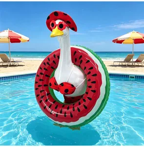 Watermelon floatie and red polka dot bikini outfit detail for decorative porch goose statue.