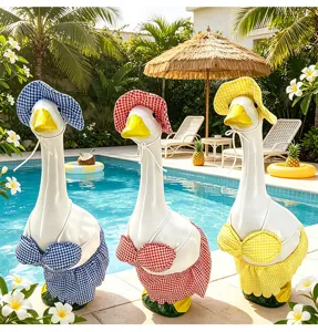 Set van 3 23-inch veranda gans beelden met zomer bikini en zonnehoed voor tuin