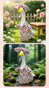 Gansa de jardin lindo conjunto floral impermeable sombrero y mini paraguas detalle.