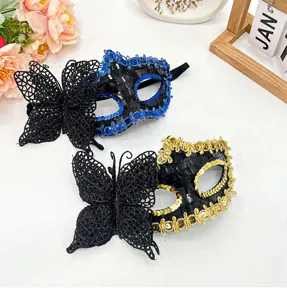 Masquerade mask set, black lace butterfly half face masks with blue and gold sequin trim.