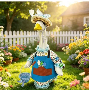 Chic 23-inch porch goose outfit set with floral dress, straw hat and cute garden apron.