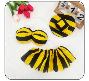 Yellow and black striped goose outfit set, cute swimsuit and hat for lovely porch decor.