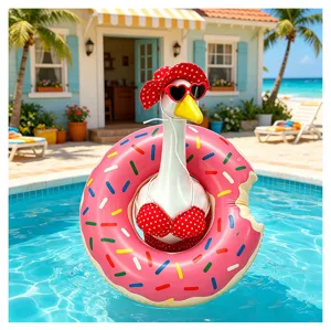 Funny porch goose bikini outfit with red polka dot hat and sunglasses for courtyard garden decor.