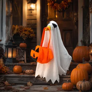Disfraz de oca fantasma de Halloween para decoración de césped exterior con bolsa calabaza y sábana.