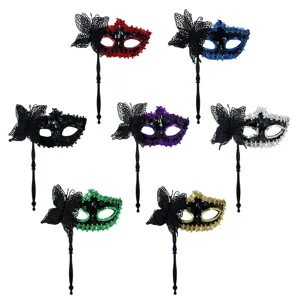 Máscara de mascarada princesa veneciana fiesta de Halloween mariposa lentejuelas con mango