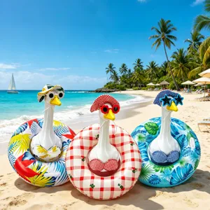 Funny porch goose outfit with bikini and sunglasses for garden decoration and outdoor summer fun.