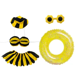 Cute 23 inch porch goose outfit summer swimsuit set with yellow black stripe hat and pool float.