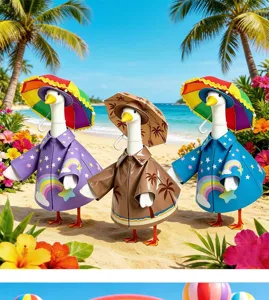 Detailed view of cute porch goose statues in colorful raincoats and hats with mini umbrellas.