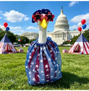 4th of July porch goose outfit with star spangled skirt, cute hat, and festive star sunglasses.