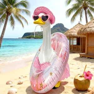 Hawaiian Porch Goose Summer Outfit Pink Polka Dot Bikini Hat Heart Sunglasses Inflatable Swim Ring Dress Up Set For Yard Lawn Goose Statue Ornaments