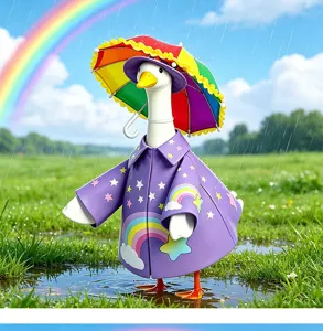 23-inch porch goose costume set, rainbow raincoat, bucket hat and umbrella for yard decor.