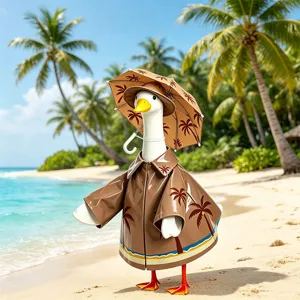 23-inch porch goose outfit three-piece set, brown palm tree print hat, umbrella, and clothes.