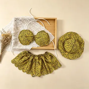 Stylish leopard print bikini and matching hat outfit set for 23-inch porch goose statues.