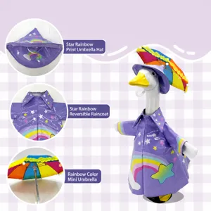 23-inch porch goose outfit set featuring rainbow star print raincoat, hat, and mini umbrella.