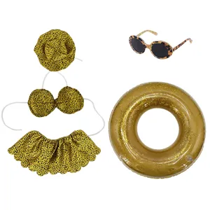 Leopard print bikini outfit set with sunglasses and swim ring for 23-inch porch goose statues.