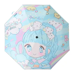Cute cartoon kids folding umbrella with dreamy anime girl print and pastel blue color.