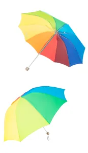 Buntes Regenbogen Faltschirm Detail, mehrfarbiges Dach, tragbarer Sonnenschutz Regenschirm.