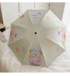Paraguas plegable lindo de dibujos animados con proteccion UV y parasol negro para mujeres