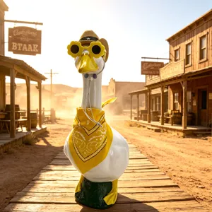 23-inch porch goose garden statue featuring western cowboy hat, sunglasses, and yellow bandana.