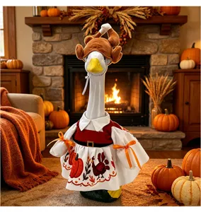 Estatua de ganso de porche de Acción de Gracias de 23 pulgadas con sombrero de pavo y calabaza.