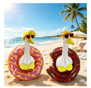 Tuin gans standbeeld set met bikini en zonnebril en donut zwemband voor buitendecoratie.