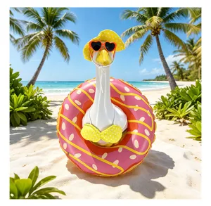 Grappige gans standbeeld outfit met donut zwemband en bikini voor tuin en zwembad decoratie.