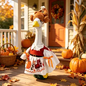 Estatua ganso de porche Acción de Gracias 23 pulgadas con sombrero pavo y traje calabaza.