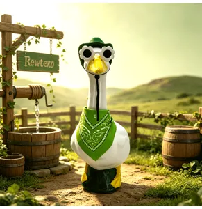 Porch goose garden statue with green cowboy hat and floral sunglasses for outdoor yard decor.