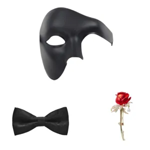 Maskerade maskersets met fantoom halfmasker, zwarte vlinderdas en rode roos broche voor feest.