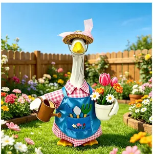 Detalle de ropa de jardinero para ganso de jardín con conjunto divertido para decoración de porche.