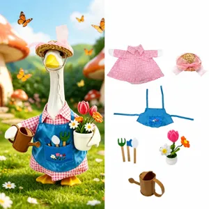 Disfraz de Jardinero para Ganso de Porche 23 Pulgadas Camisa Gingham Rosa Sombrero de Paja Delantal Azul Herramientas
