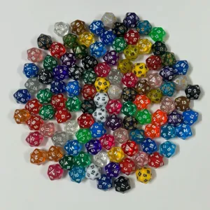 Sammlung bunter 20-seitiger D20-Würfel mit verschiedenen Texturen für Tabletop-RPG-Spiele