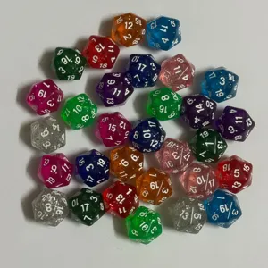 Mischung aus bunten 20-seitigen polyedrischen D20-Würfeln für Tabletop-RPG-Spiele