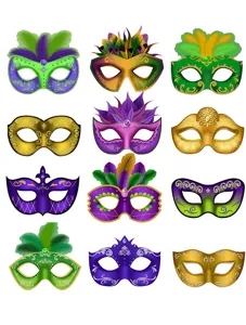Karneval Masken Set mit bunten Halbgesicht Party Feder Augenmasken und Goldmustern.