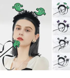 Serre-tête en plumes noires et baguette d'Halloween avec d'adorables fantômes verts à paillettes