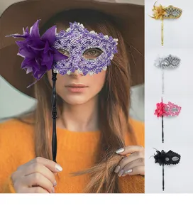 Feather lace masquerade mask with handle, party prom half face mask for women and men.