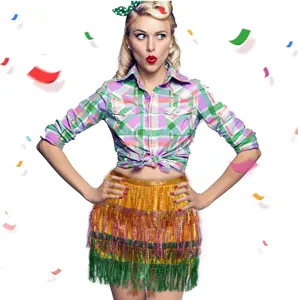 Carnival party fringe sequin skirt, 4-layer sparkle belly dance performance skirt for women.