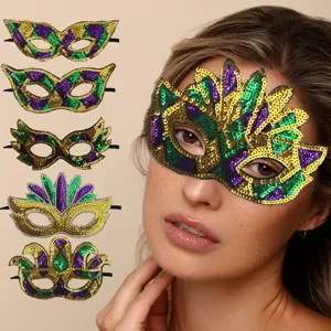Handgemaakt Mardi Gras Masker Goud Paars Groen Pailletten Masker Half Gelaatsmasker Oogmasker Voor Carnaval Masquerade Themafeest Kostuumaccessoire