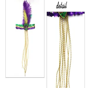 Detailansicht des Mardi Gras Stirnbands mit bunten Federn und goldenen Perlenketten