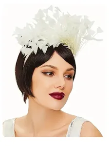 Detail view of the white feather flapper headband, retro 1920s hair accessory for party prom.