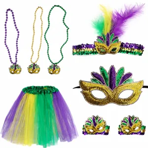 Mardi Gras feest kostuum set pailletten veren masker tutu rok kralen kettingen voor carnaval