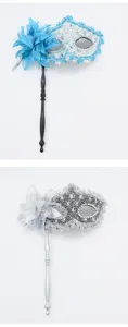 Exquisite handheld masquerade mask with elegant side flower and delicate lace details for party.