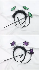 Set de diadema y varita de Halloween con murciélagos verdes y arañas moradas de lentejuelas