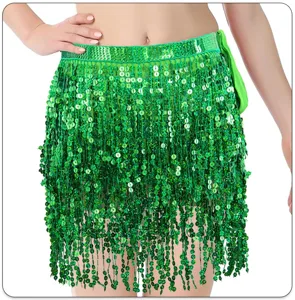 Green sequin fringe belly dance hip scarf 4 layers tassel skirt for party carnival.
