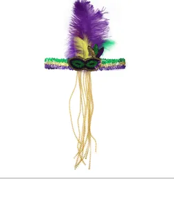 Mardi Gras Feder-Stirnband mit Pailletten und langen goldenen Perlenquasten