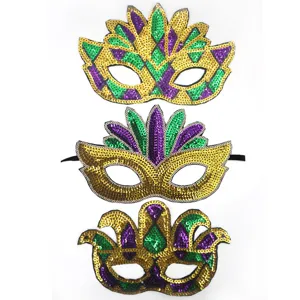 Mardi Gras Pailletten Masker Carnaval Feest Oogmasker Goud Paars Groen 3-Delige Set