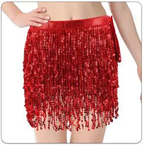 Red sequin belly dance hip scarf fringe skirt carnival party performance sparkle waist skirt