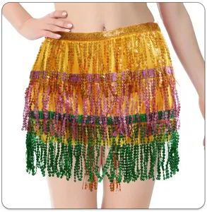 Belly dance hip scarf detail, 4-layer multi-color sequin fringe skirt for party performance.
